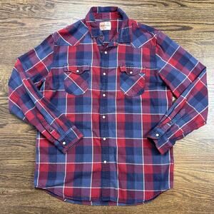 Ruff Hewn Shirt Mens Medium Red Blue Plaid Flannel Long Sleeve Snap Western